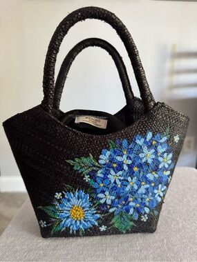 Shebobo Handmade Madagascar Black Raffia Tote – Hand-Painted Blue Floral